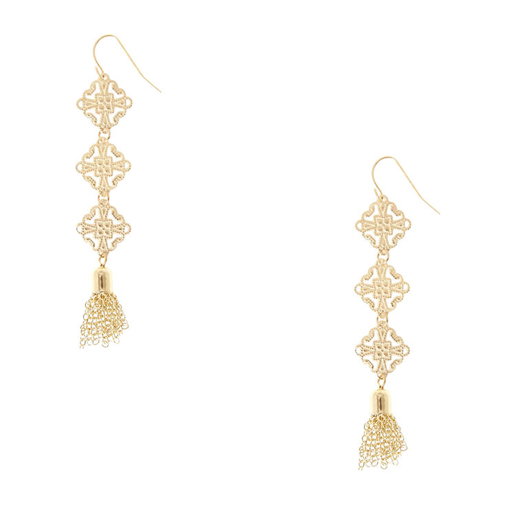 Gold Tone Square Medallion & Chain Fringe Tassel Drop Earrings,