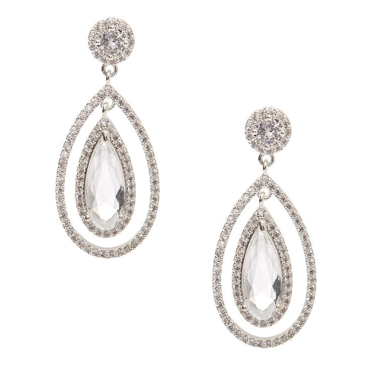 Silver Cubic Zirconia 1.5" Teardrop Drop Earrings,