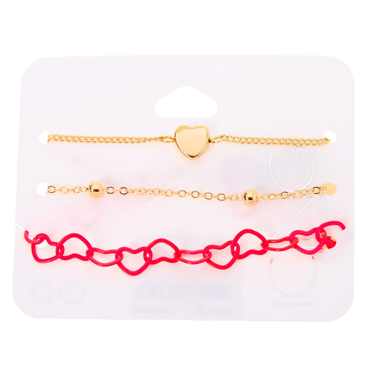 Gold Mixed Heart Chain Bracelets - Pink, 3 Pack,