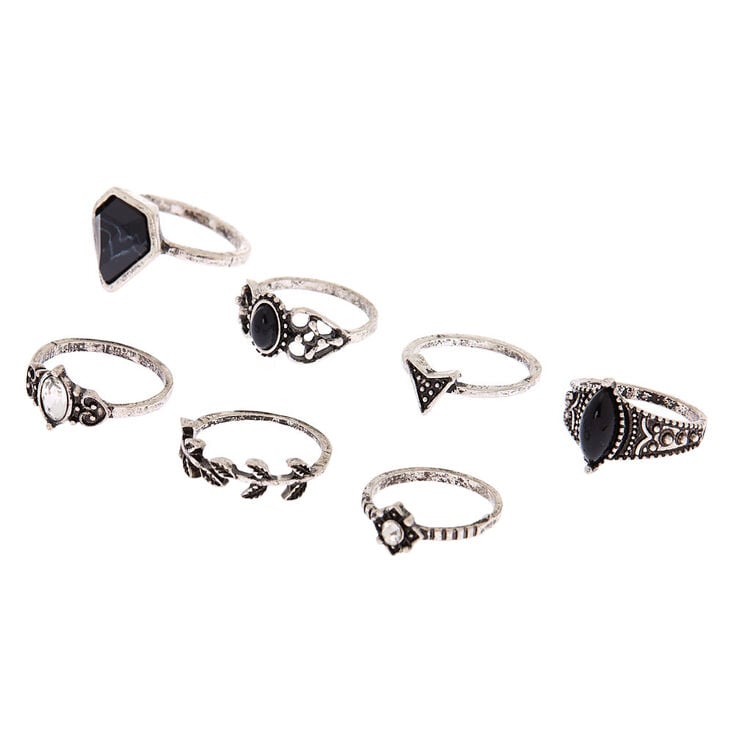 Silver Gothic Glam Rings - Black, 7 Pack,