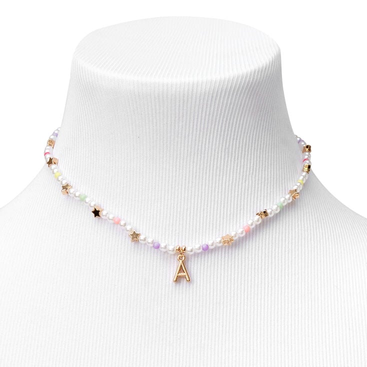 Gold Star &amp; Pastel Pearl Initial Pendant Necklace - A,