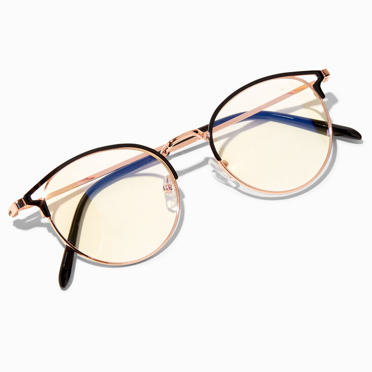 Solar Blue Light Reducing Round Black Browline Clear Lens Frames,