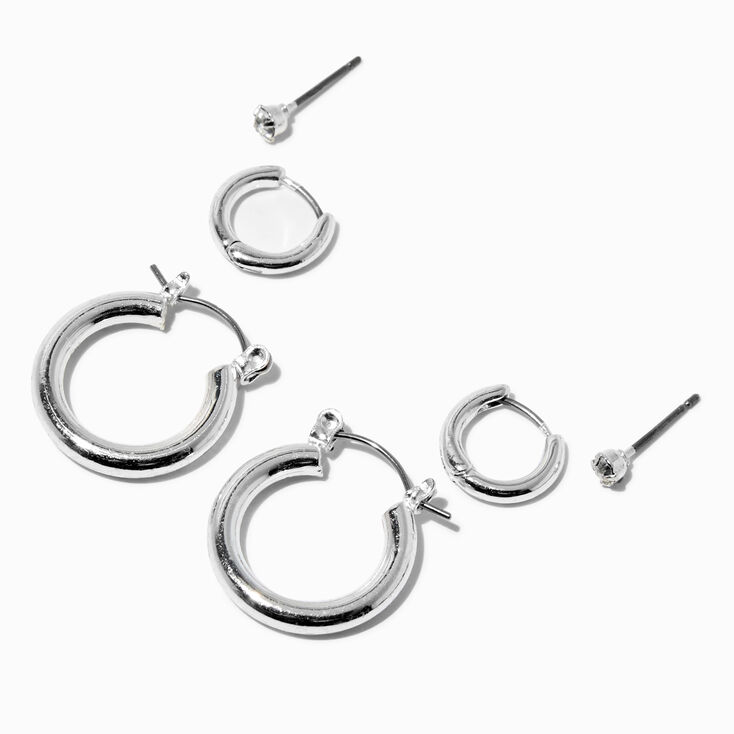 Silver-tone Crystal Stud &amp; Hoop Earring Stackables Set - 3 Pack,