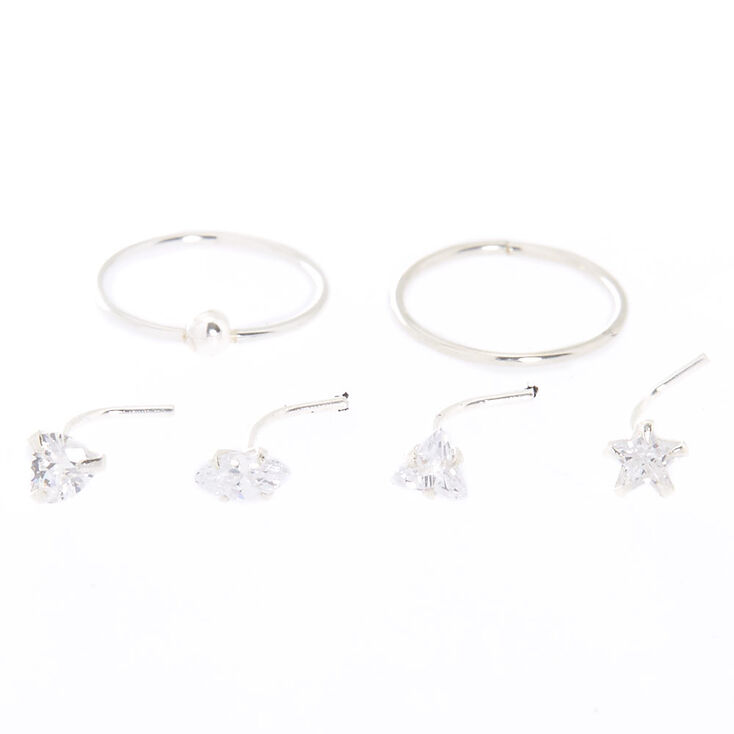 Sterling Silver Cubic Zirconia Mixed Shape Nose Rings - 6 Pack,