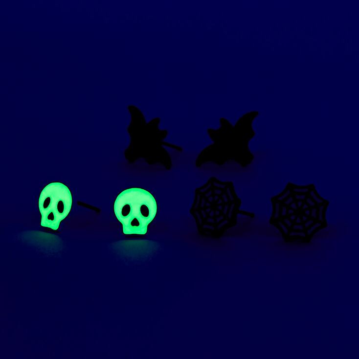 Ghost, Bat, &amp; Spider Web Glow in the Dark Stud Earrings - 3 Pack,