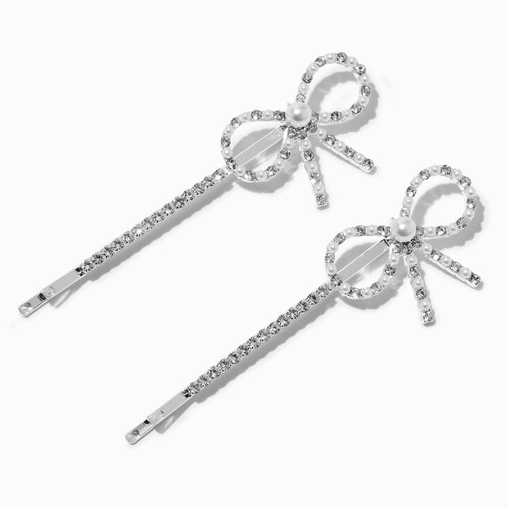 Silver-tone Pearl Rhinestone Bow Hair Pins - 2 Pack,