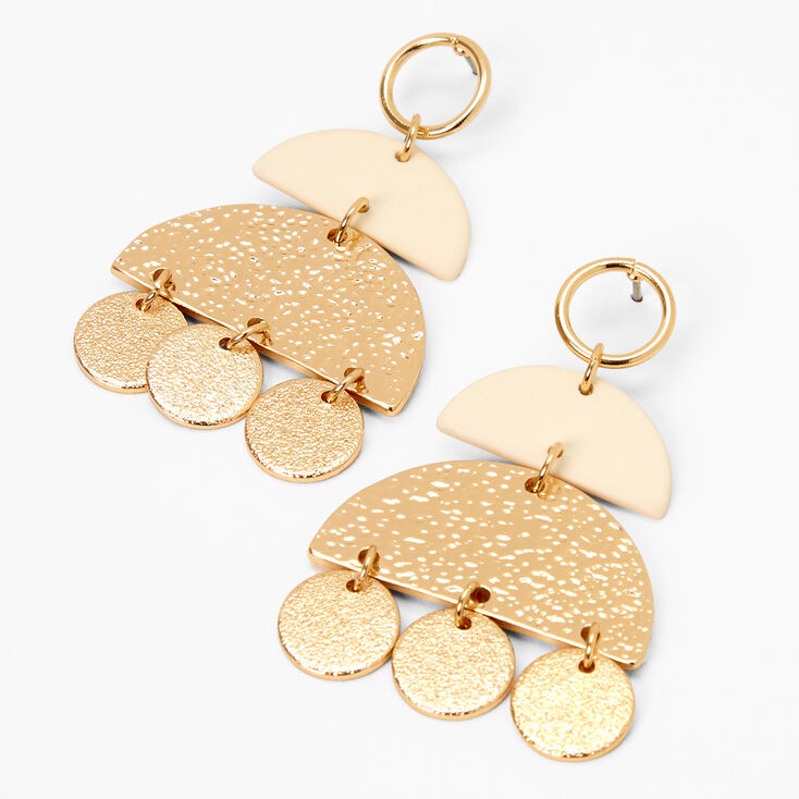Cream &amp; Gold Hammered Geometric 2&quot; Drop Earrings,