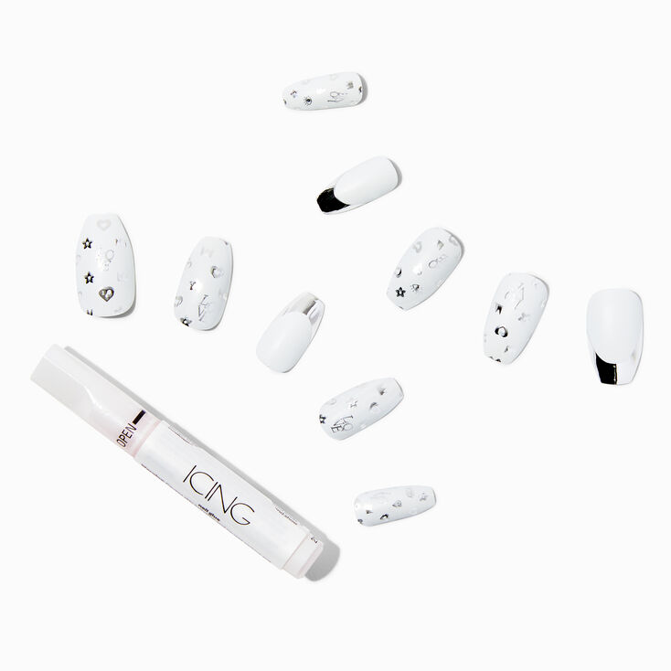 Black &amp; Silver Status Coffin Vegan Faux Nail Set - 24 Pack,