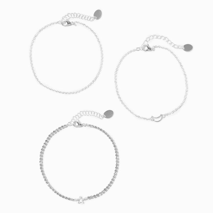 Crescent Moon &amp; Star Silver Chain Anklets - 3 Pack,