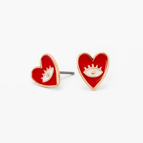 Gold &amp; Red Evil Eye Heart Stud Earrings,