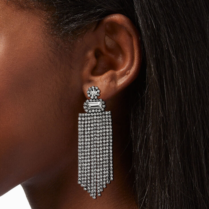 Hematite Crystal 3&quot; Chandelier Fringe Drop Earrings,