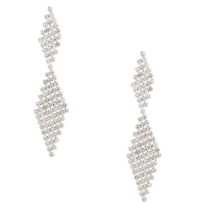 Silver Rhinestone 2" Double Diamond Drop Earrings,