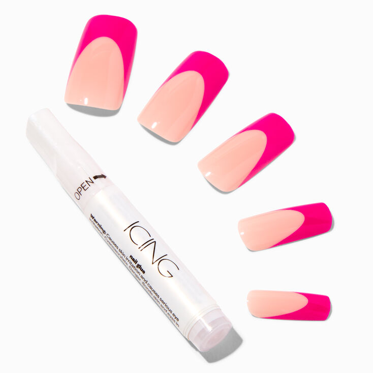 Hot Pink French Tip Long Square Vegan Faux Nail Set - 24 Pack,