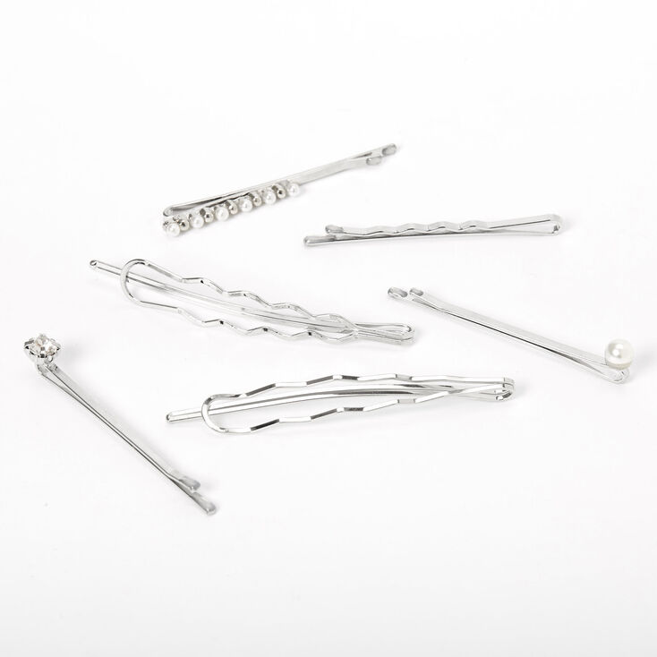 Silver Crystal Pearl Geometric Hair Pins - 6 Pack,
