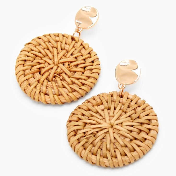 Gold 2&quot; Round Disc Rattan Drop Earrings,