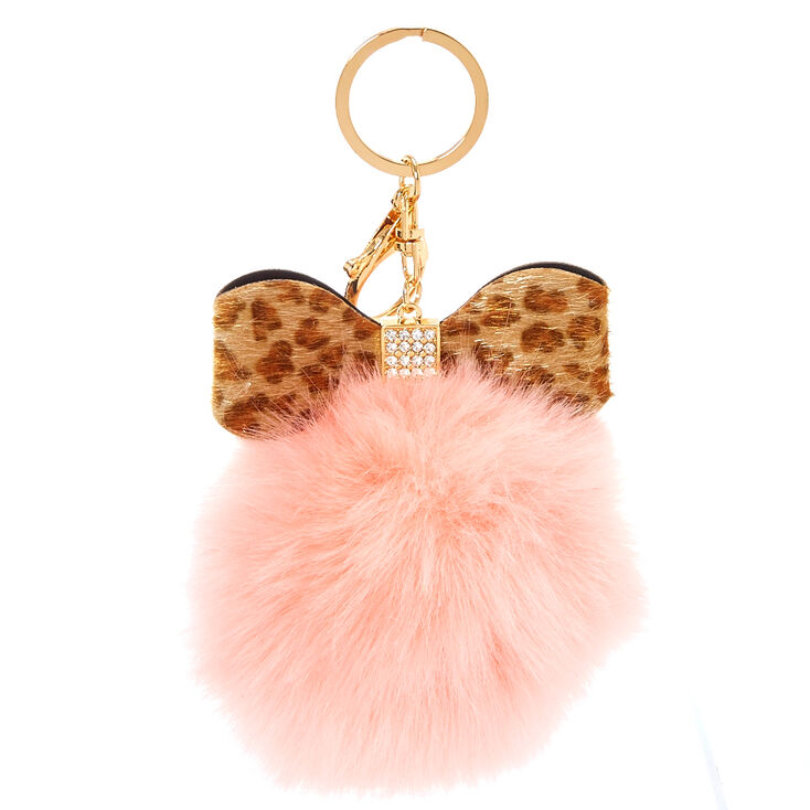 Ivory Leopard Bow Faux Fur Pom Key Ring,