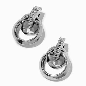 Silver Rhodium Double Ring &amp; Crystal 1.5&quot; Drop Earrings,