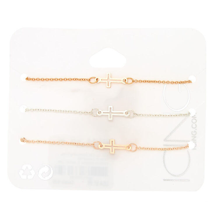Mixed Metal Cross Chain Bracelets - 3 Pack,