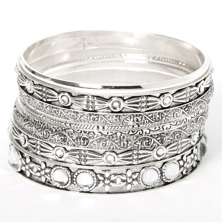 Silver Clear Stone Filigree Bangle Bracelets - 8 Pack,