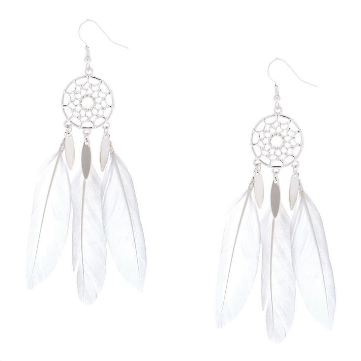 Silver 3.5" Dreamcatcher Drop Earrings - White,