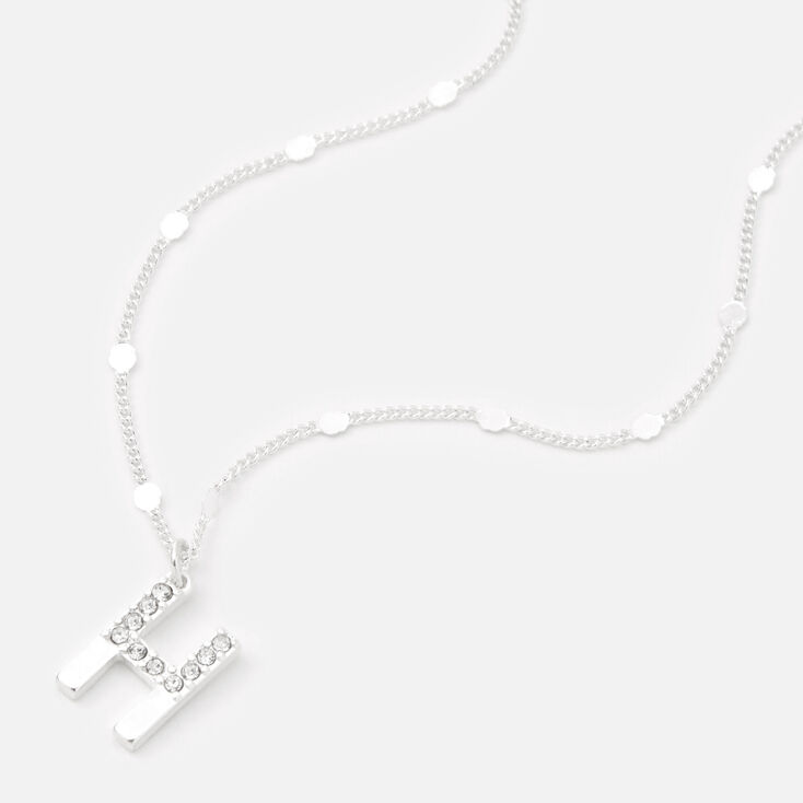 Silver Half Stone Initial Pendant Necklace - H,