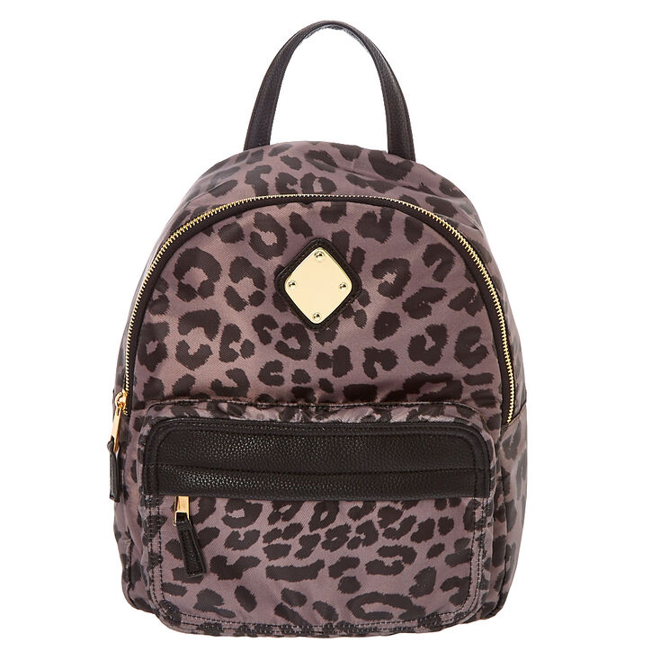 Gray Leopard Print Satin Backpack,