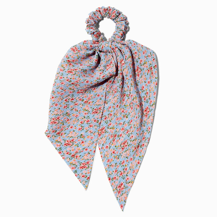 Blue Floral Pleated Hair Scrunchie Scarf,