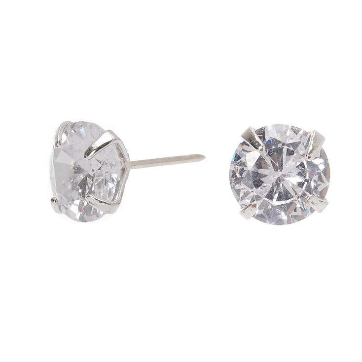 Silver Cubic Zirconia Round Stud Earrings - 7MM,