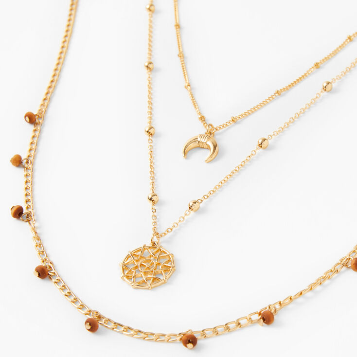 Gold Wooden Horn Multi Strand Chain Necklace Set - Brown, 2 Pack,