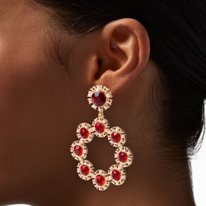 Red Rhinestone Gold-tone Open Hoop 2.5&quot; Drop Earrings ,