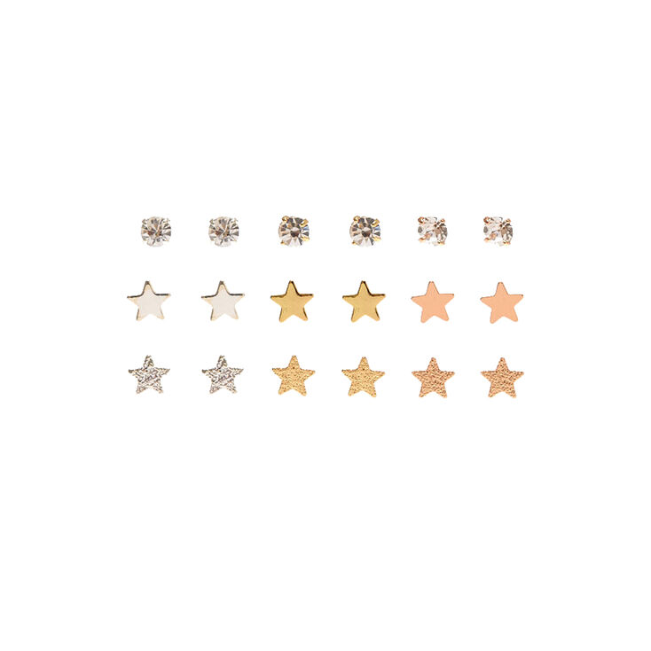9 Pack Mixed Metal Stars & Clear Faux Crystal Stud Earrings,