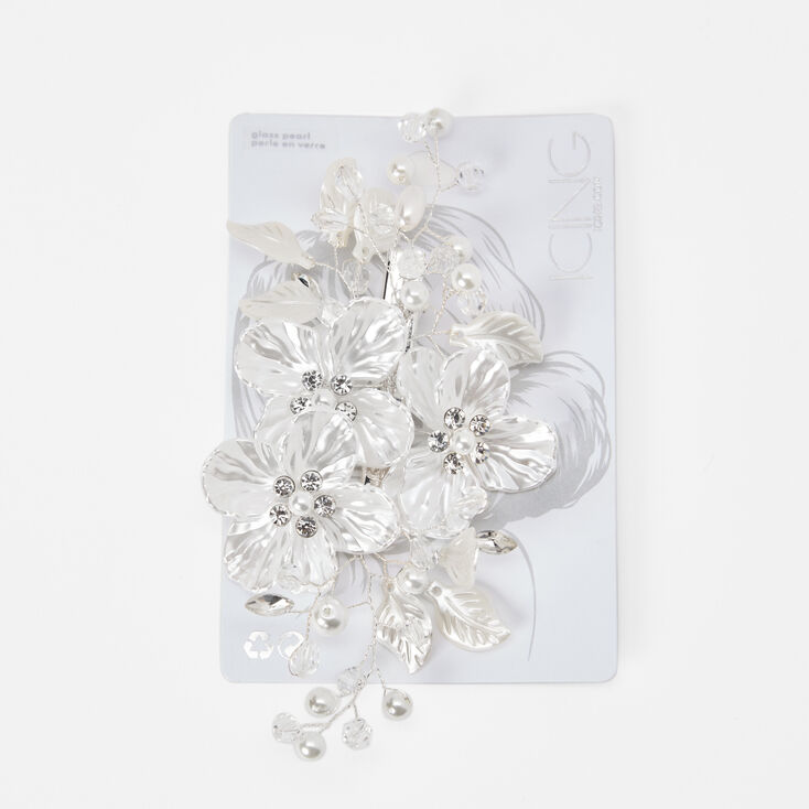 Pearlized Crystal Flower Hair Clip - White,