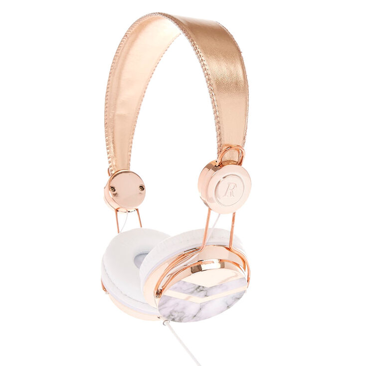 Rose Gold-Tone & Marble Print Headphones,