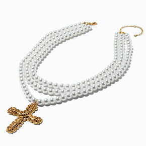 Gold-tone Ornate Cross Pendant Pearl Multi-Strand Necklace ,
