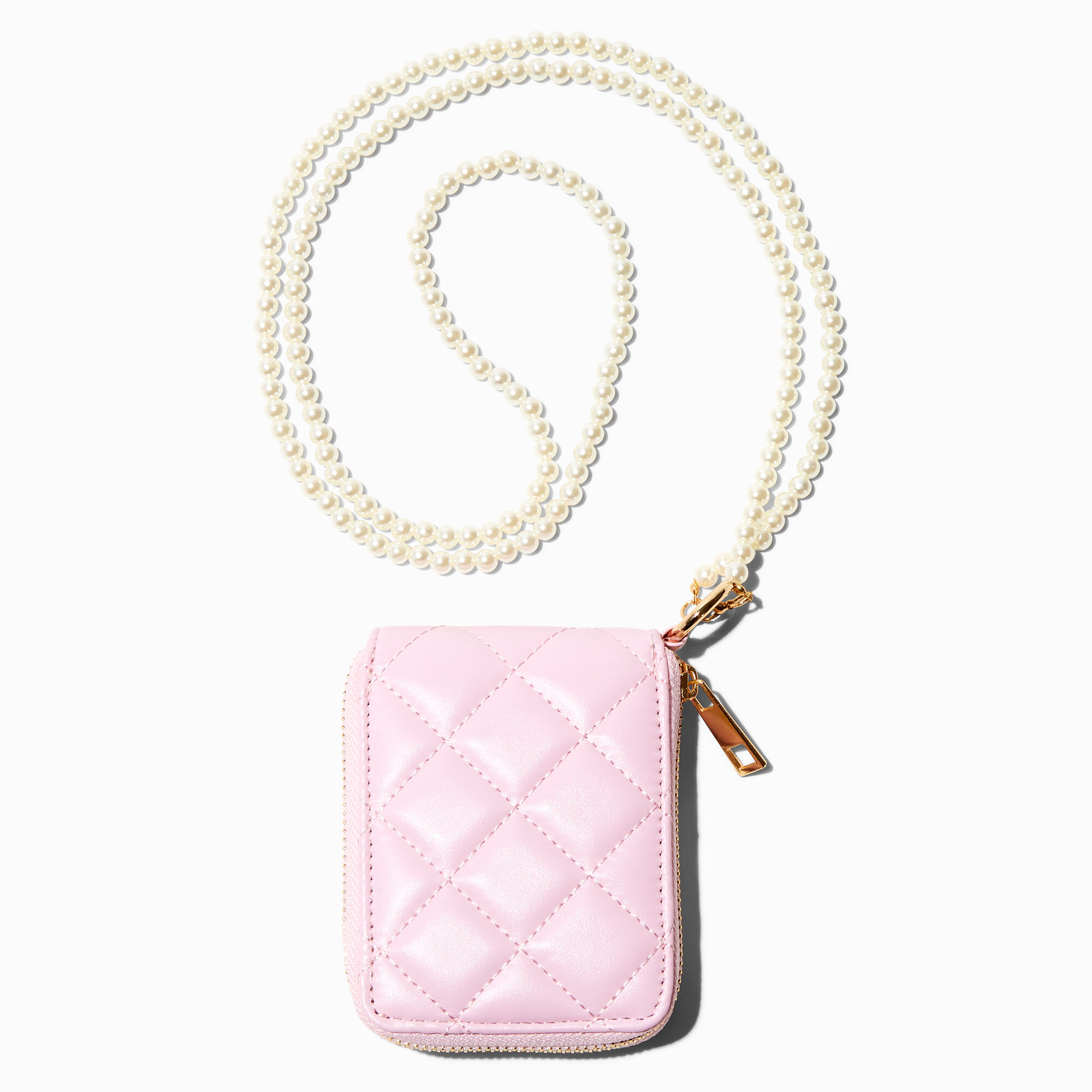 Pink Quilted Wallet with Pearl Lanyard Icing US