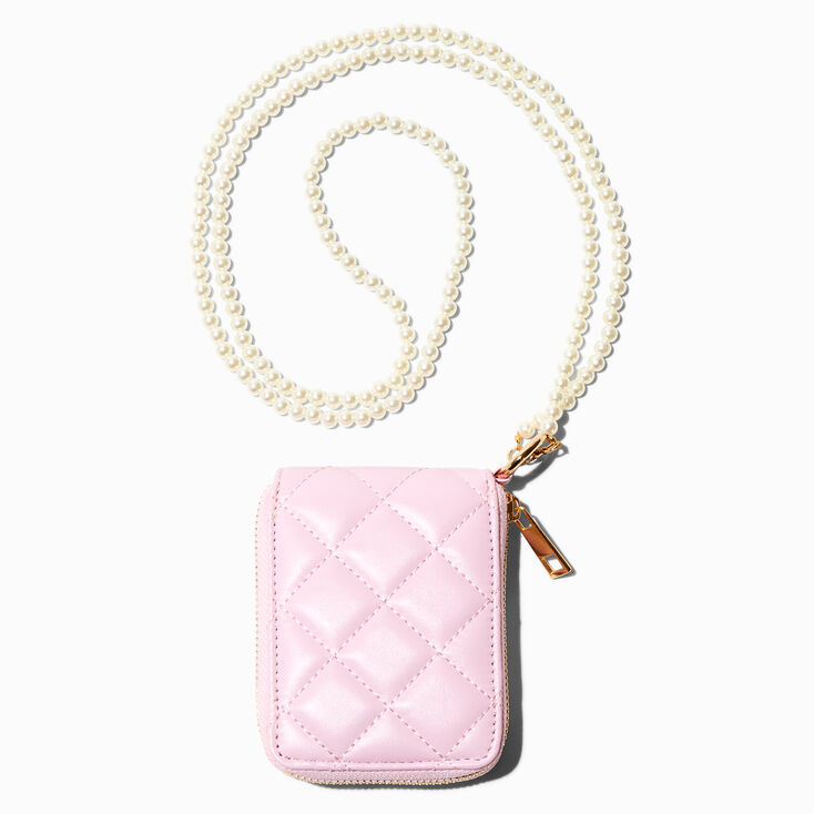 Pink Quilted Wallet with Pearl Lanyard,