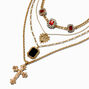 Gold-tone Cross Red &amp; Black Rhinestone Multi-Strand Choker Necklace ,