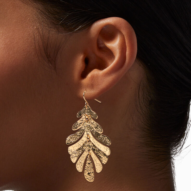 Gold Textured Leaf 2&quot; Drop Earrings,