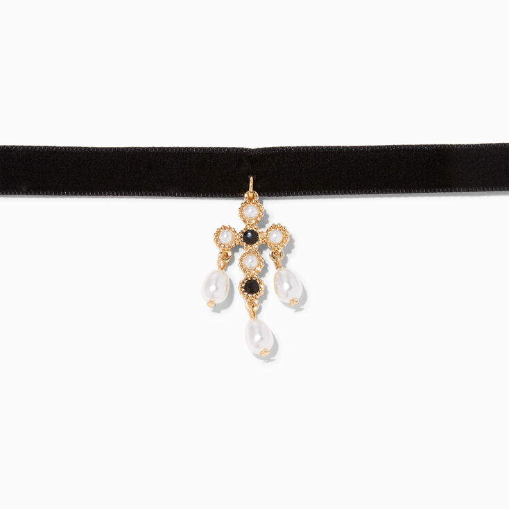 Gold Pearl Black Ribbon Choker Necklace