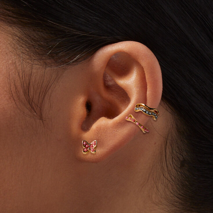Gold-tone Butterfly Stud &amp; Ear Cuff Earring Stackables - 6 Pack,