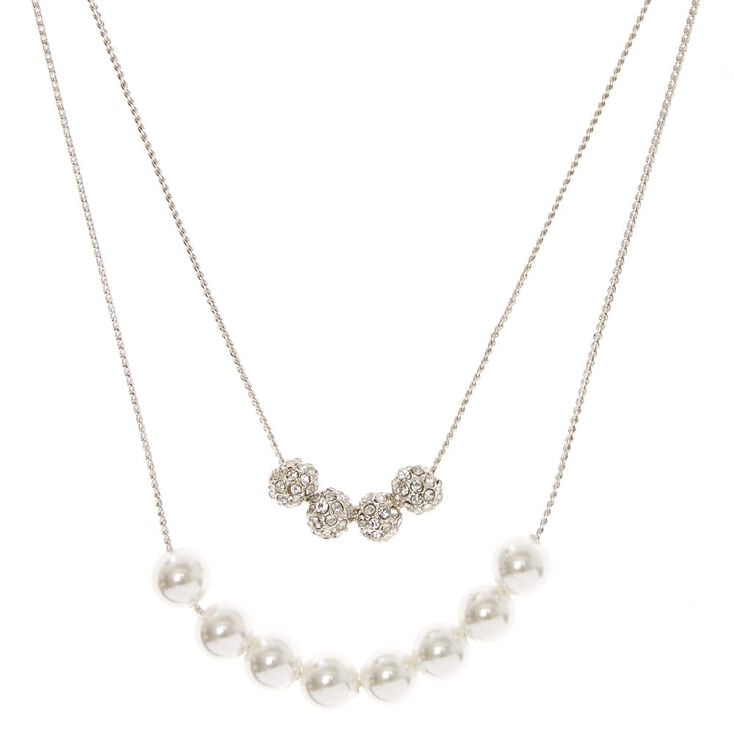 Silver Tone Double Strand Fireball & White Faux Pearl Necklace,