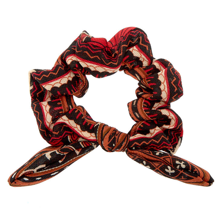 Small Aztec Floral Knotted Bow Hair Scrunchie - Red,