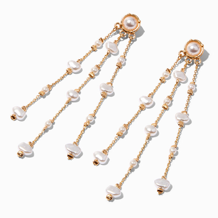 Gold-tone Pearl Station 3&quot; Linear Drop Earrings,