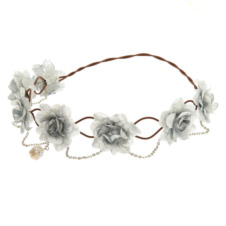 Silver Flowers & Chains Flower Crown Headwrap,