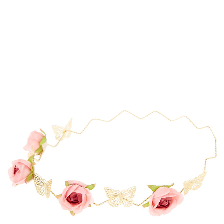 Pink Rose & Gold Butterfly Flower Crown,