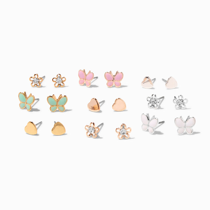 Mixed Metal Butterfly &amp; Flower Stud Earrings - 9 Pack,