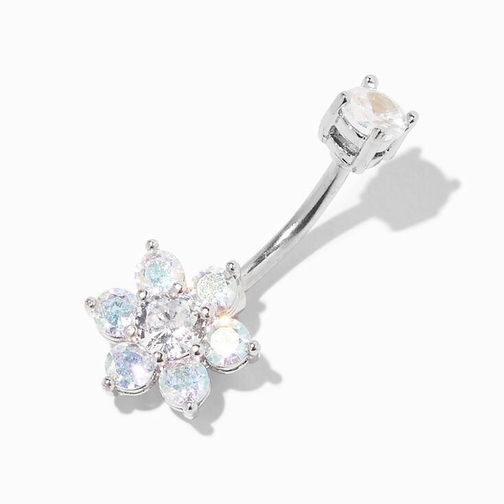 Silver 14G Iridescent Crystal Flower Belly Ring,
