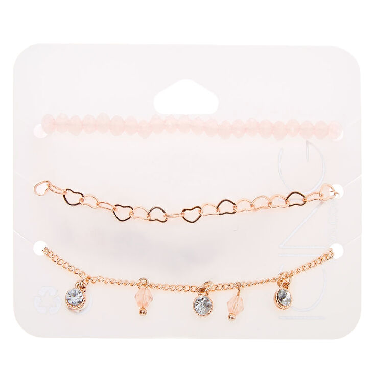 Rose Gold Beaded Heart Chain Bracelets - Blush Pink, 3 Pack,