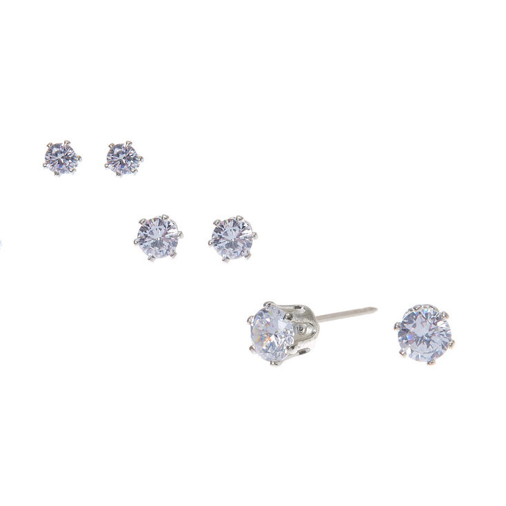 Silver Cubic Zirconia Graduated Round Stud Earrings - 3 Pack,