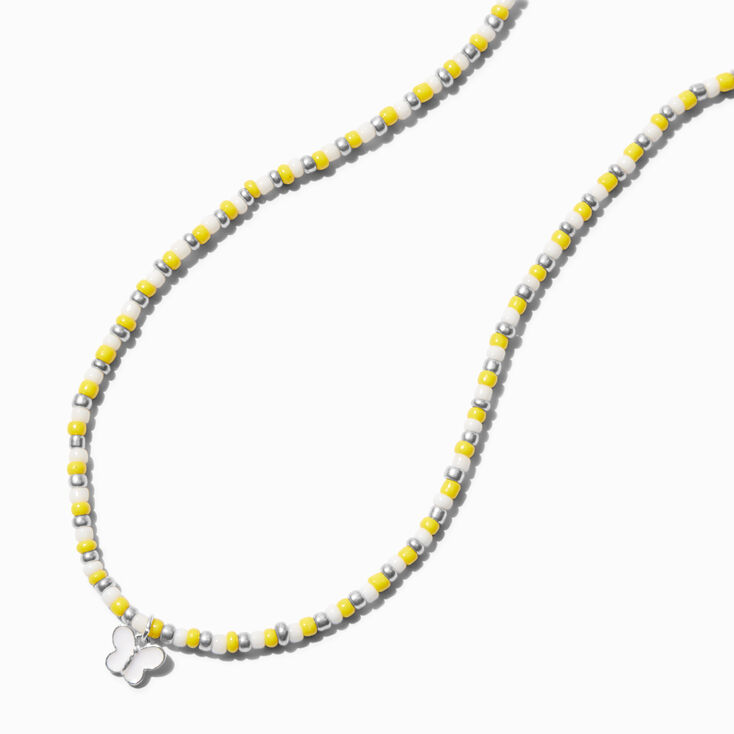 Yellow &amp; White Beaded Butterfly Pendant Necklace,